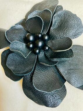 Chico’s Black Leather Floral Brooch | Camellia Statement Magnetic Pin | Y2K